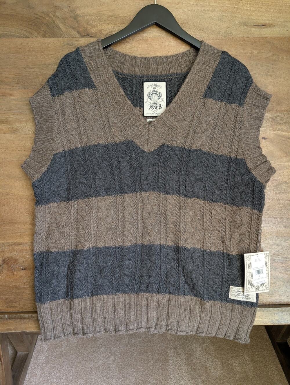 RVCA Chefs Kiss Sweater Vest Womens S Black Gray Striped Cable Knit V-Neck NWT